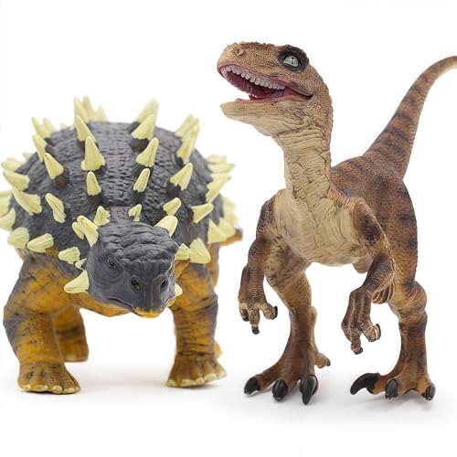 Gemini&Genius Ankylosaurus and Velociraptor Dinosaur Toys – Realistic Hand-Painted Moving Jaw Action Figures for Kids