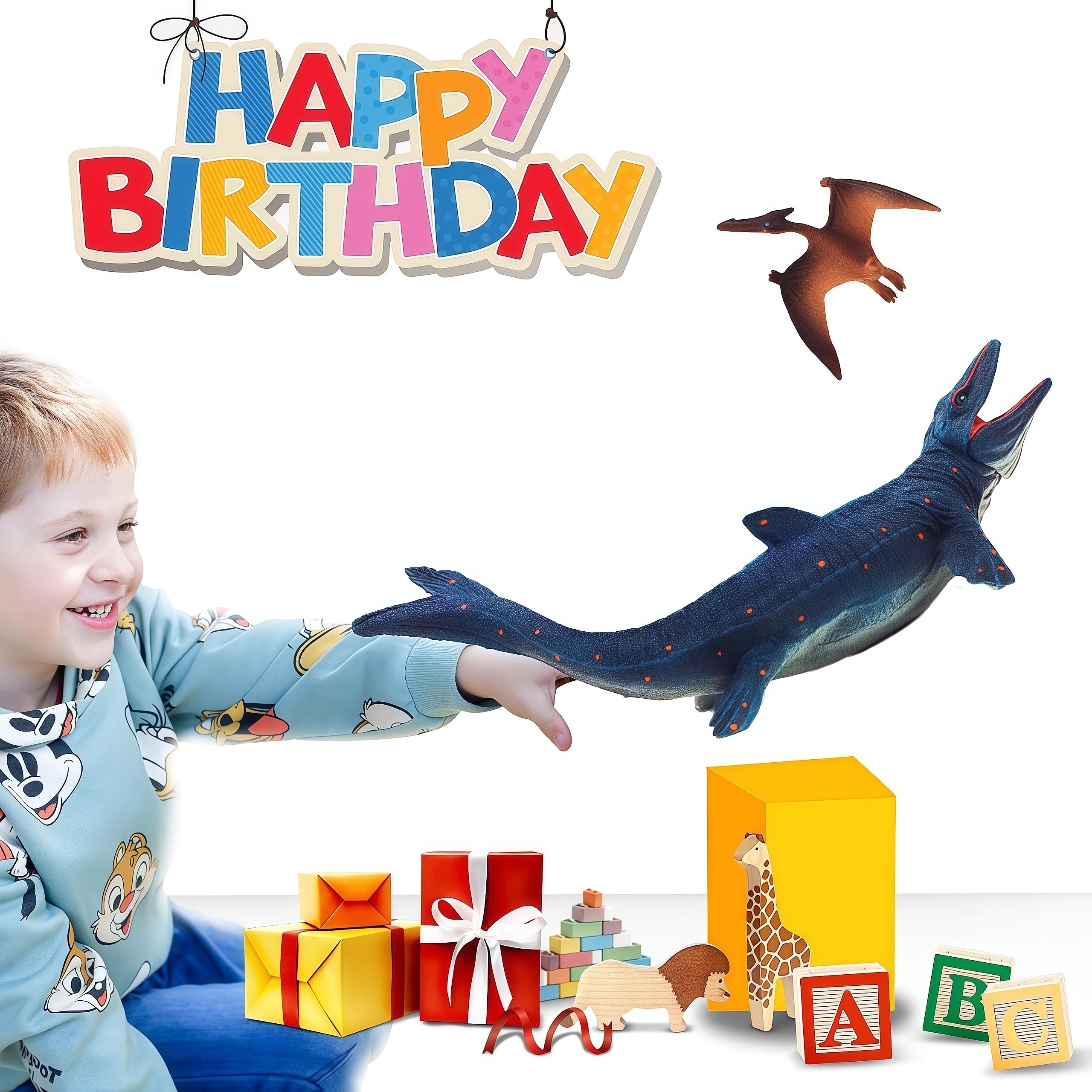 Gemini&Genius Realistic Mosasaurus & Pterosaur Dinosaur Toys, Hand-Painted with Moving Jaw, Safe ABS Plastic, Educational Playset for Kids