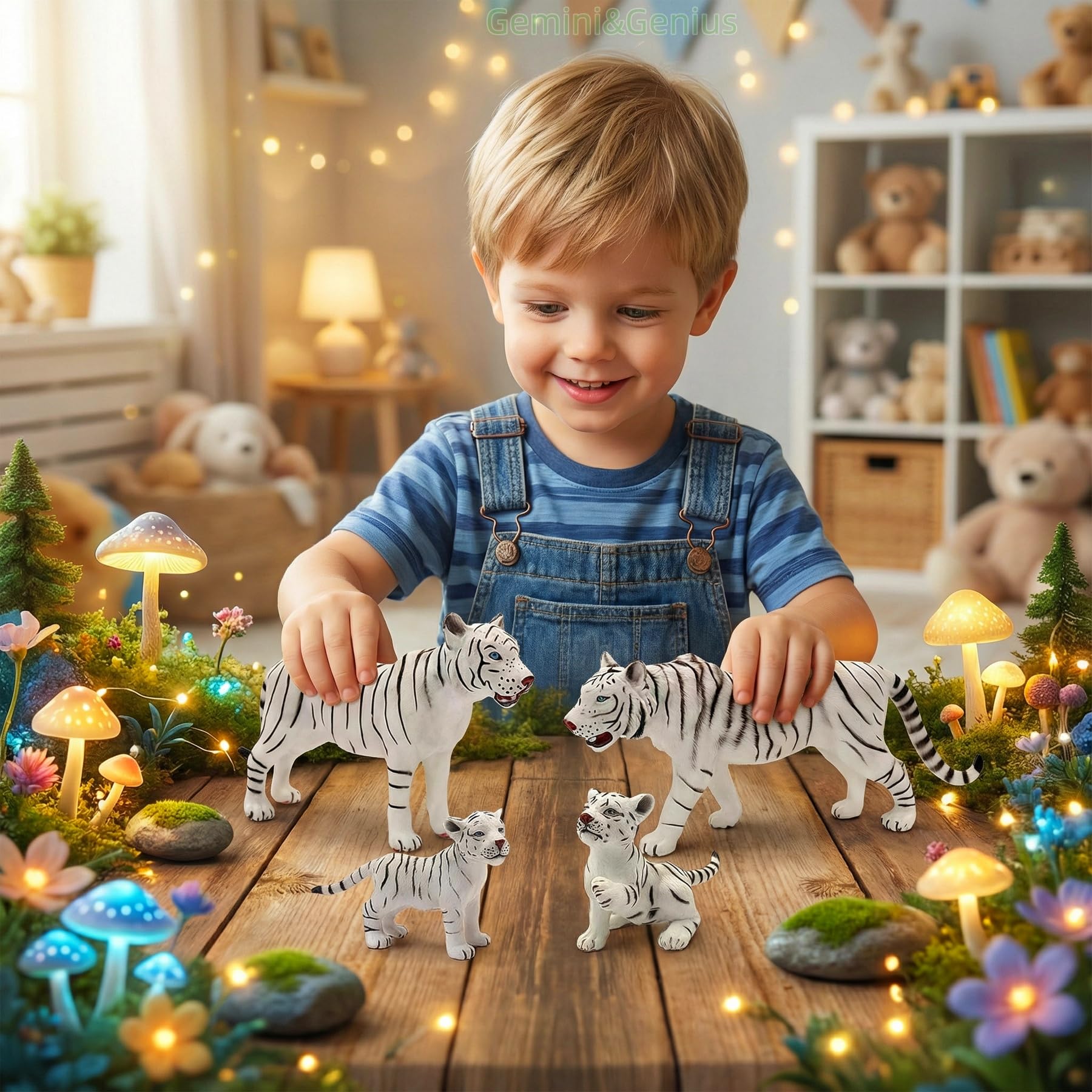 Gemini&Genius White Tiger Family Set with Cub – Realistic Safari Animal Figurines, Educational Toy for Kids