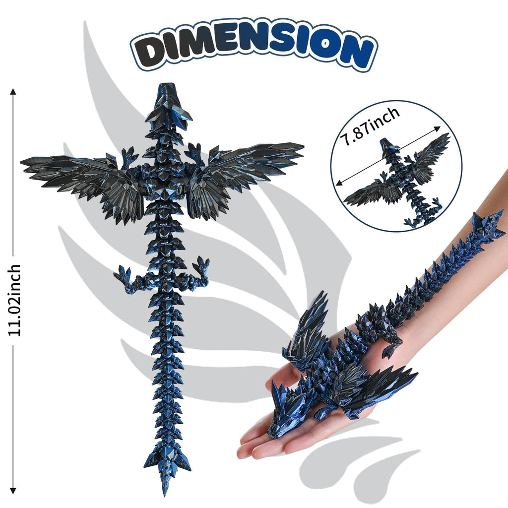 GemmiCho 11-Inch 3D Printed Dragon Figurine with Movable Wings - Hyper-Detailed, Stress Relief Desk Toy for Teens and Adults