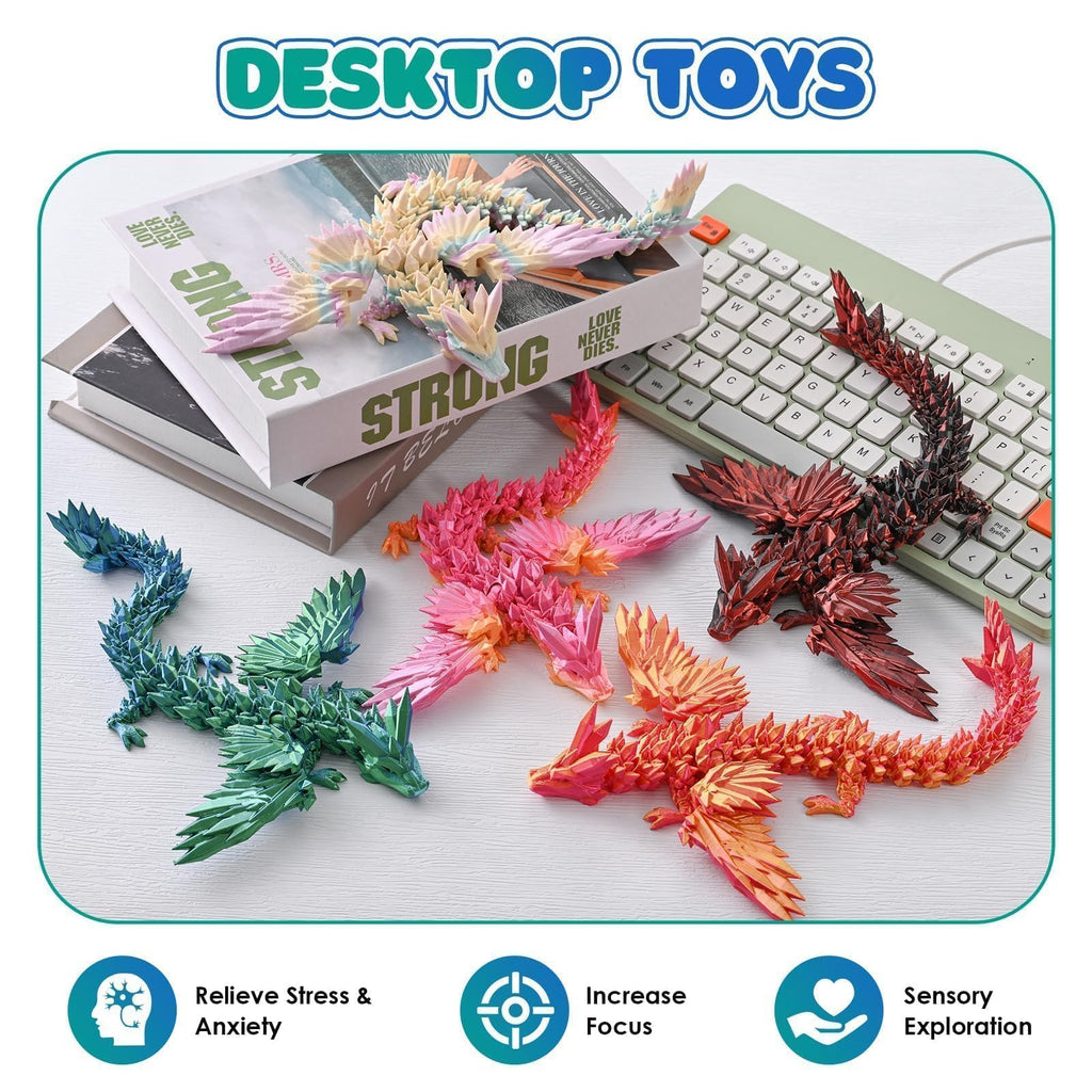 GemmiCho 11-Inch 3D Printed Dragon Figurine with Movable Wings - Hyper-Detailed, Stress Relief Desk Toy for Teens and Adults