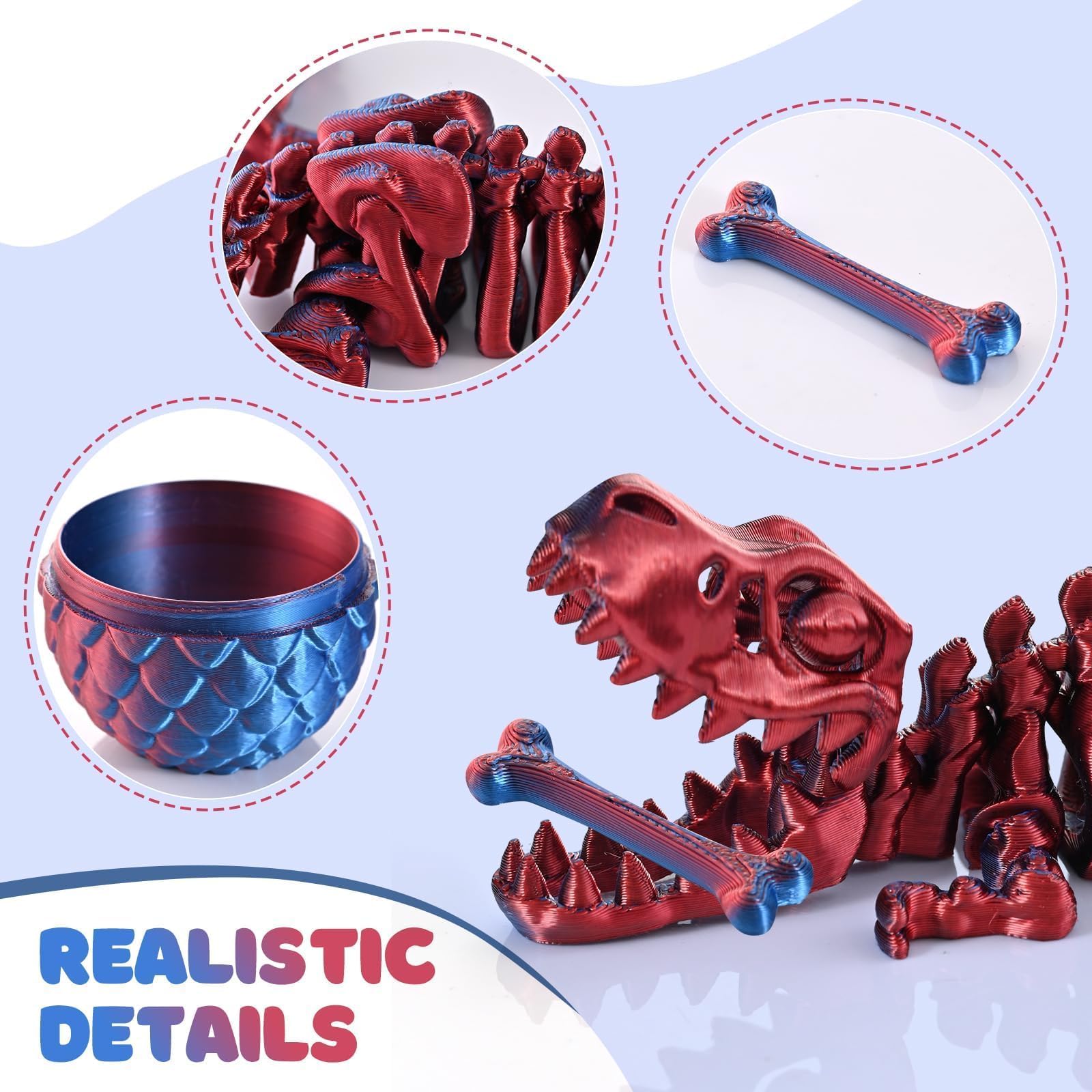 GemmiCho 3D Printed Dinosaur with Egg – Dark Red T-Rex Fidget Toy for Stress Relief