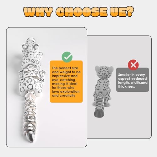 GemmiCho 3D Printed Snow Leopard Figurine - 8.3" Flexible Articulated Toy for Stress Relief and Desk Decor