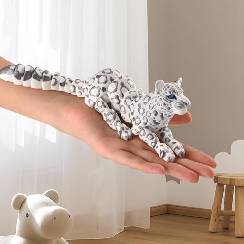 GemmiCho 3D Printed Snow Leopard Figurine - 8.3" Flexible Articulated Toy for Stress Relief and Desk Decor