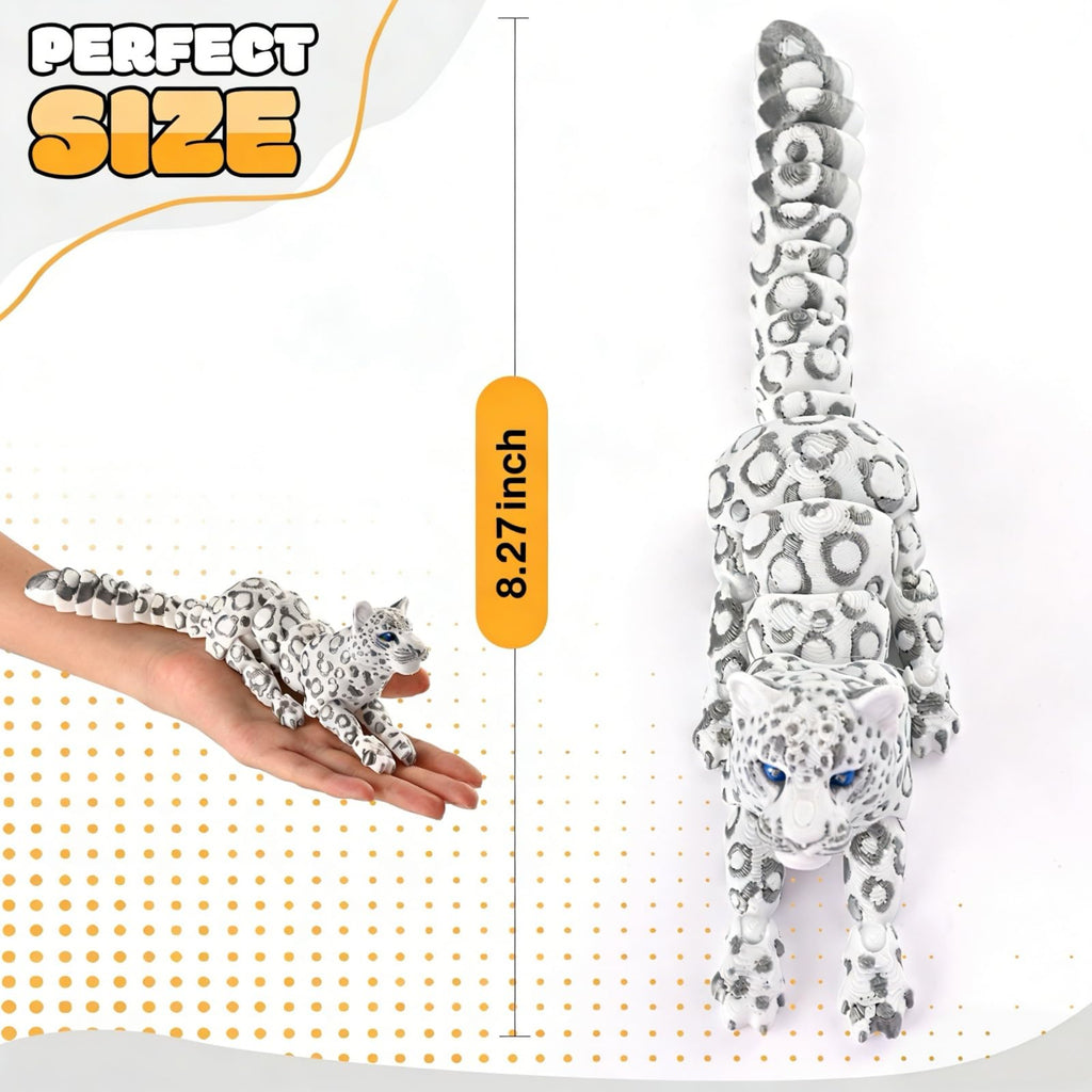 GemmiCho 3D Printed Snow Leopard Figurine - 8.3" Flexible Articulated Toy for Stress Relief and Desk Decor