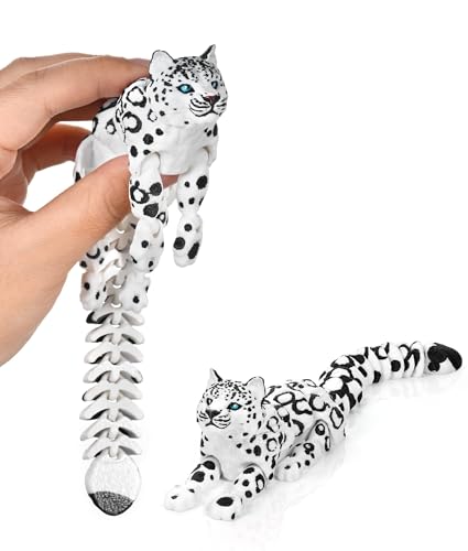 GemmiCho 3D Printed Snow Leopard Figurine - 8.3" Flexible Articulated Toy for Stress Relief and Desk Decor