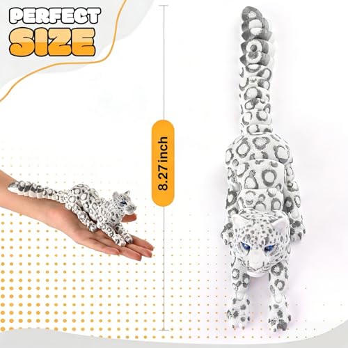 GemmiCho 3D Printed Snow Leopard Figurine - 8.3" Flexible Articulated Toy for Stress Relief and Desk Decor