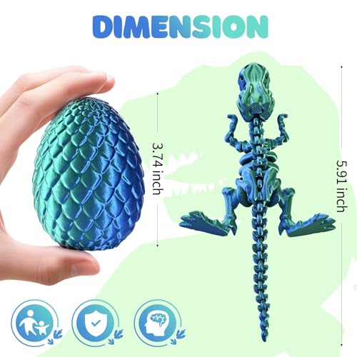 GemmiCho 3D Printed T-Rex Dinosaur with Egg - Dark Green Articulated Fidget Toy for Stress Relief (Ages 15+)