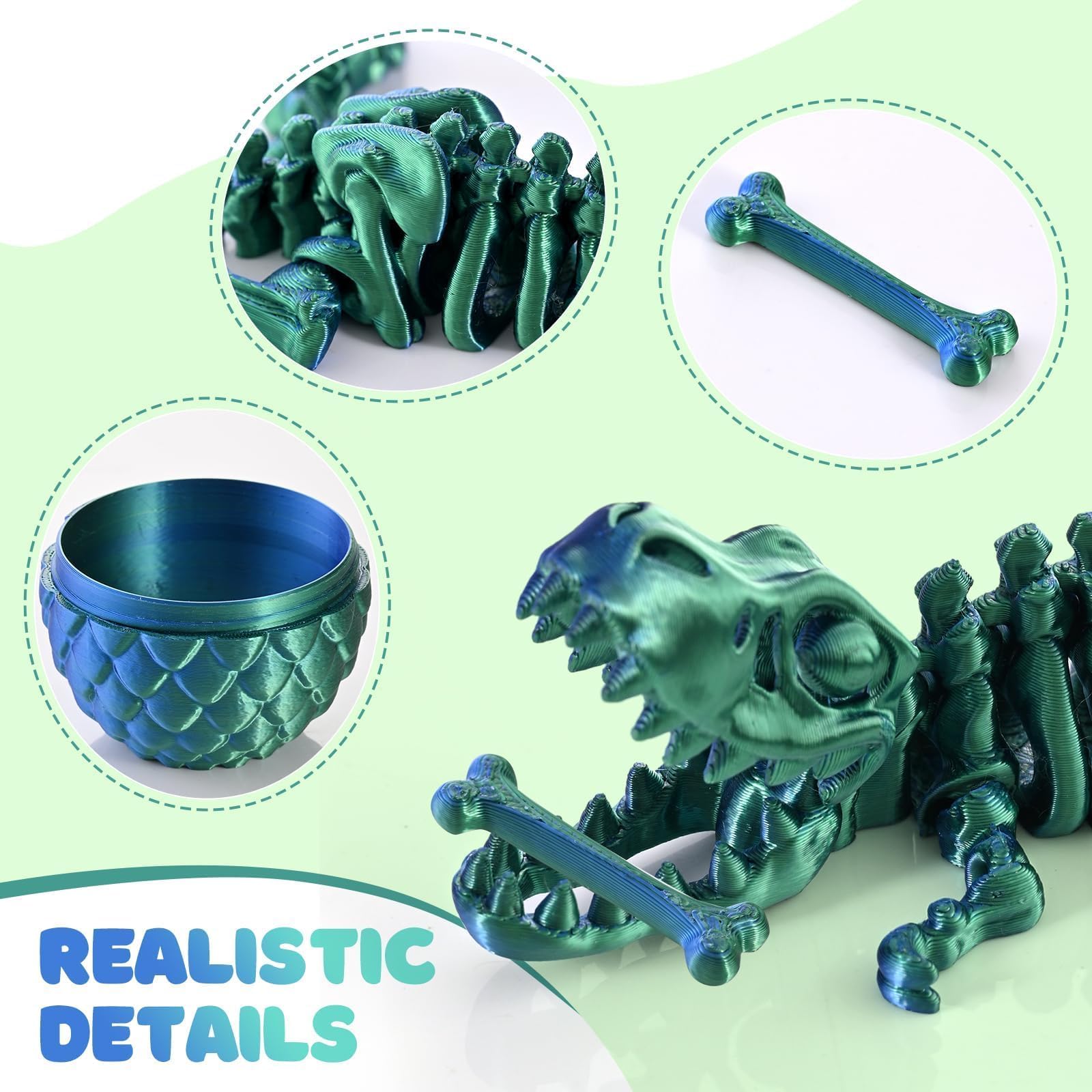 GemmiCho 3D Printed T-Rex Dinosaur with Egg - Dark Green Articulated Fidget Toy for Stress Relief (Ages 15+)