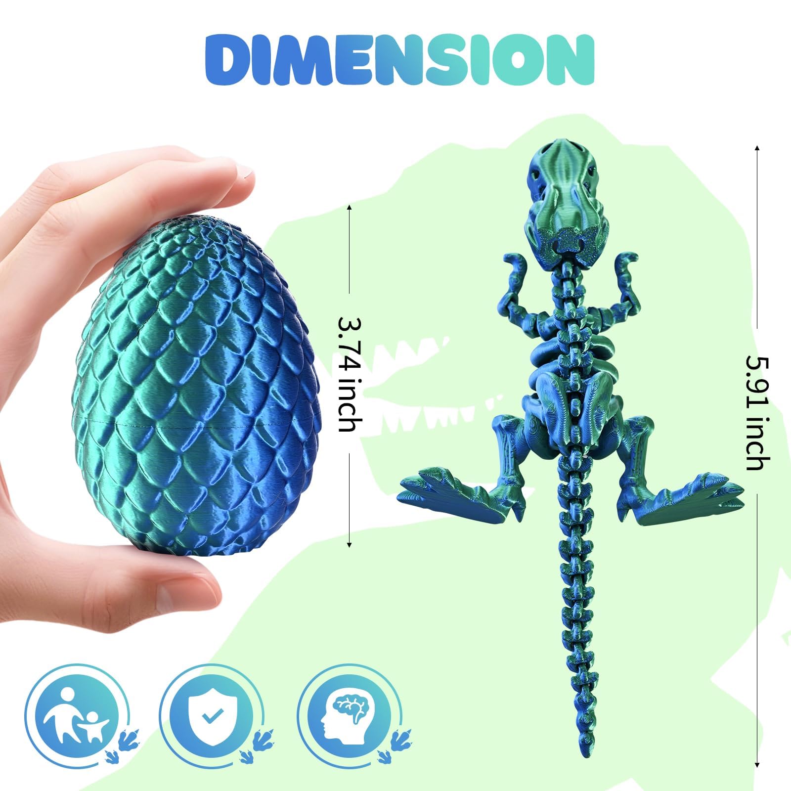 GemmiCho 3D Printed T-Rex Dinosaur with Egg - Dark Green Articulated Fidget Toy for Stress Relief (Ages 15+)