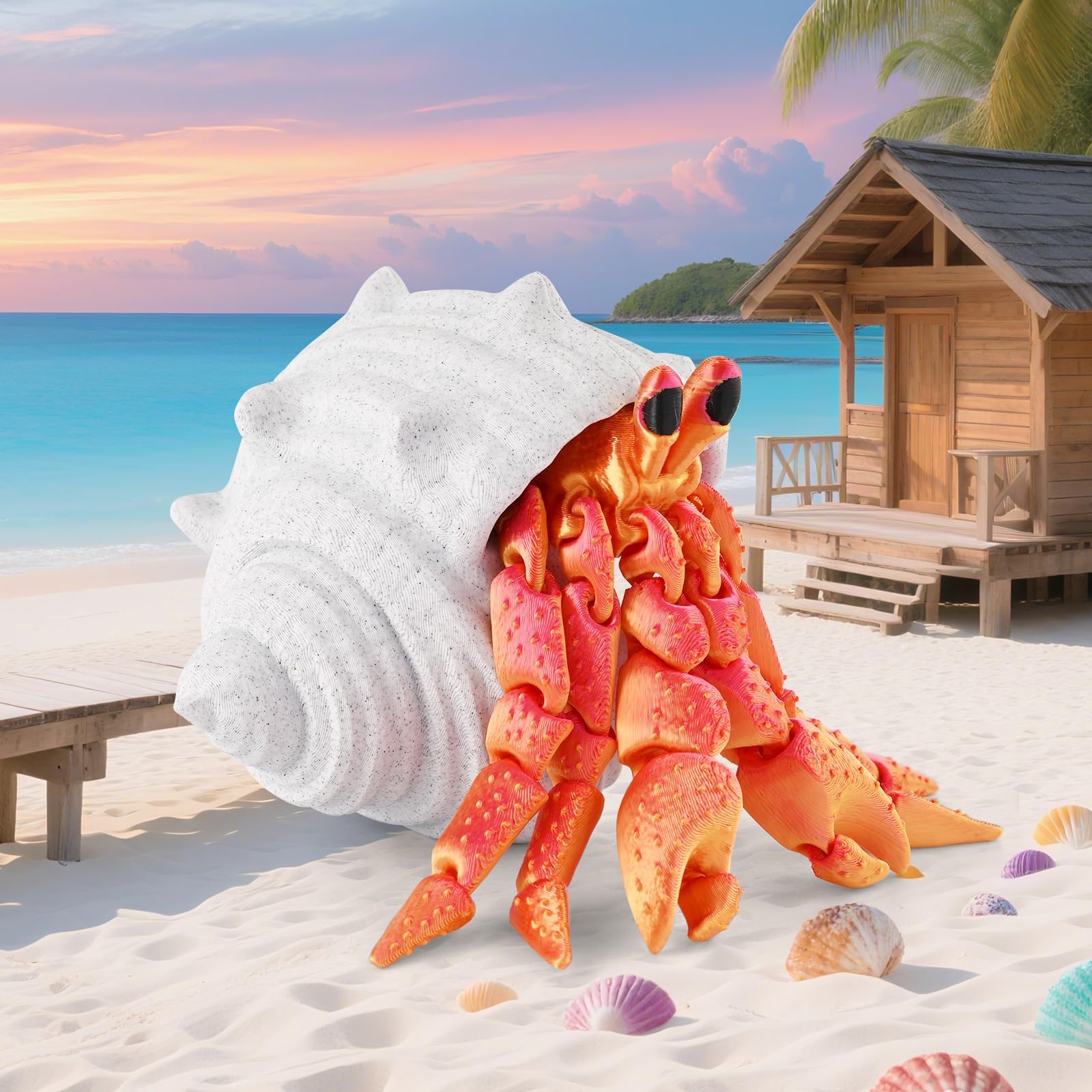 GemmiCho 7.8" 3D Printed Hermit Crab Figurine with Articulated Joints and Shell – Red