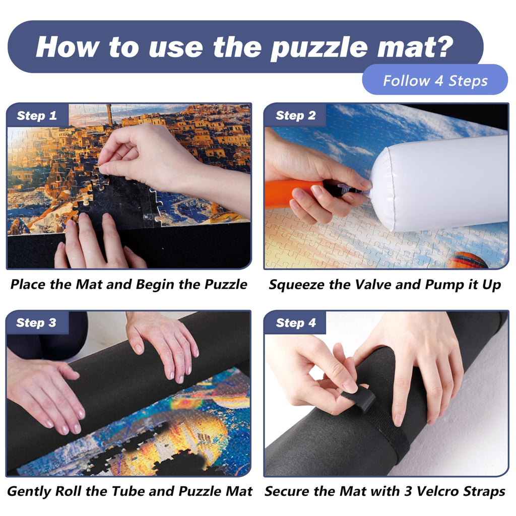 Genovega Puzzle Mat Roll Up Kit – Felt Mat for 2000 Pieces, Inflatable Tube, Hand Pump, Storage Bag, Velcro Straps