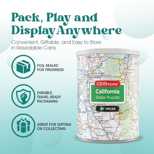 Geotoys California Mini State Puzzle – 100 Piece Travel Jigsaw in Portable Can