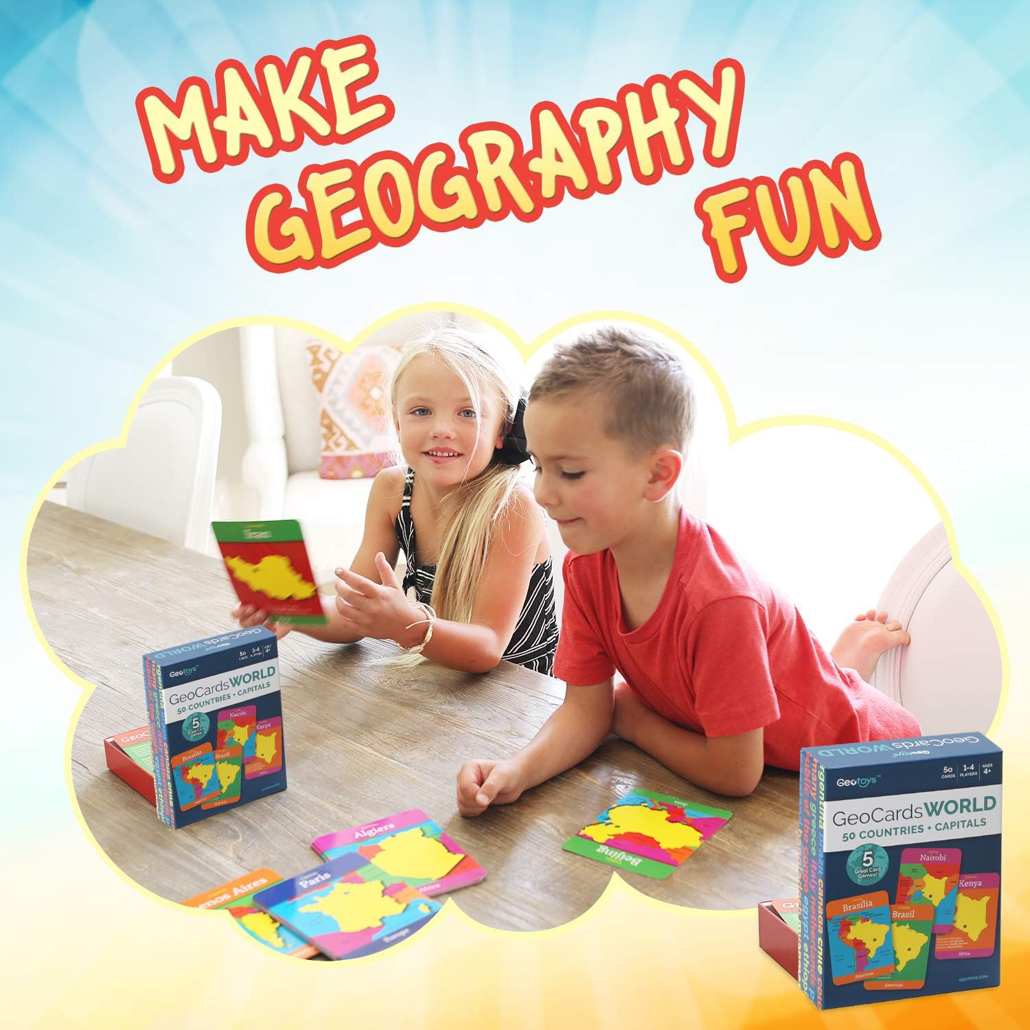 GeoToys GeoCards World: 50 Jumbo Geography Flash Cards with 5 Games for Kids Ages 4+