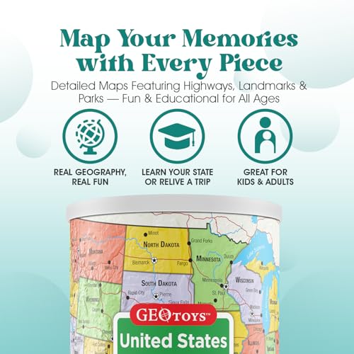 Geotoys United States Mini Puzzle – 100 Piece Jigsaw in Portable Can, 13x10 Inch Educational Map Puzzle for Ages 7+