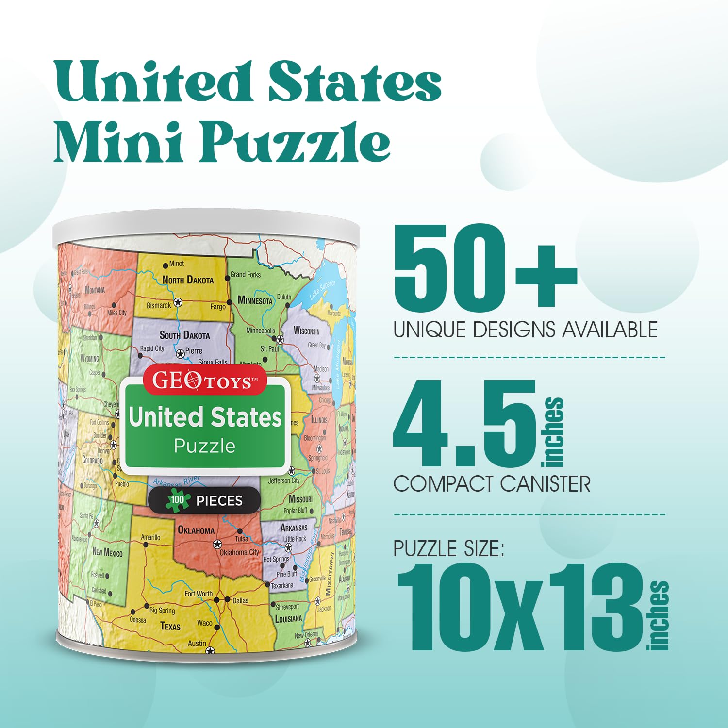 Geotoys United States Mini Puzzle – 100 Piece Jigsaw in Portable Can, 13x10 Inch Educational Map Puzzle for Ages 7+