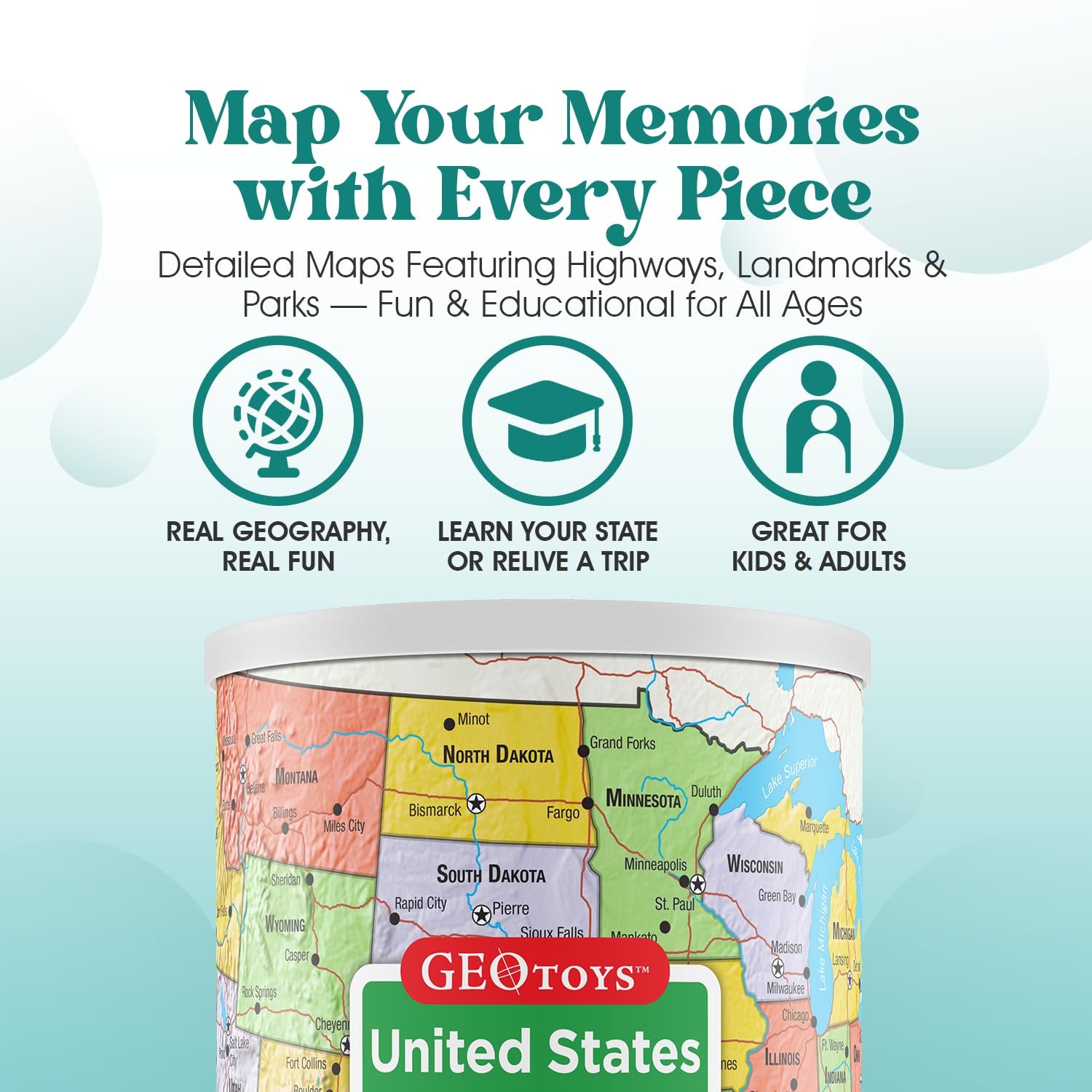 Geotoys United States Mini Puzzle – 100 Piece Jigsaw in Portable Can, 13x10 Inch Educational Map Puzzle for Ages 7+