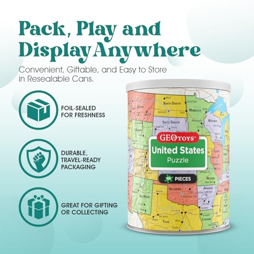 Geotoys United States Mini Puzzle – 100 Piece Jigsaw in Portable Can, 13x10 Inch Educational Map Puzzle for Ages 7+
