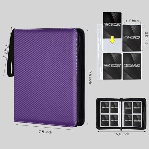 GERMUN 4 Pocket Card Binder - Purple PU Leather Trading Card Album for 400 Cards