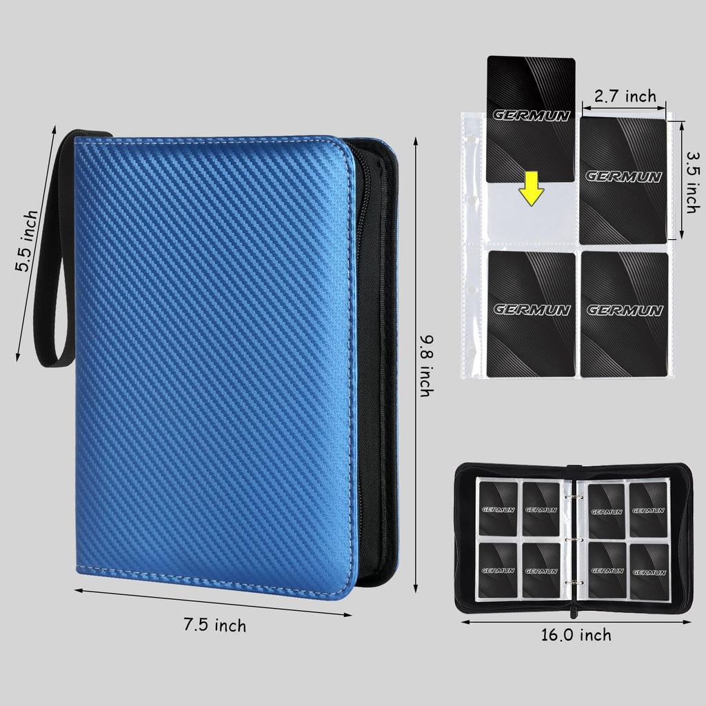 GERMUN 4-Pocket Trading Card Binder – Holds 400 Cards, PU Leather Zip Album with Wrist Strap – for MTG, Yu-Gi-Oh!, Sports Cards (Carbon Blue)