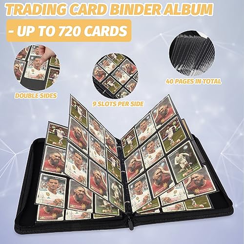 GERMUN 9-Pocket Card Binder – Holds 720 Cards, PU Leather, Zipper Closure, Black