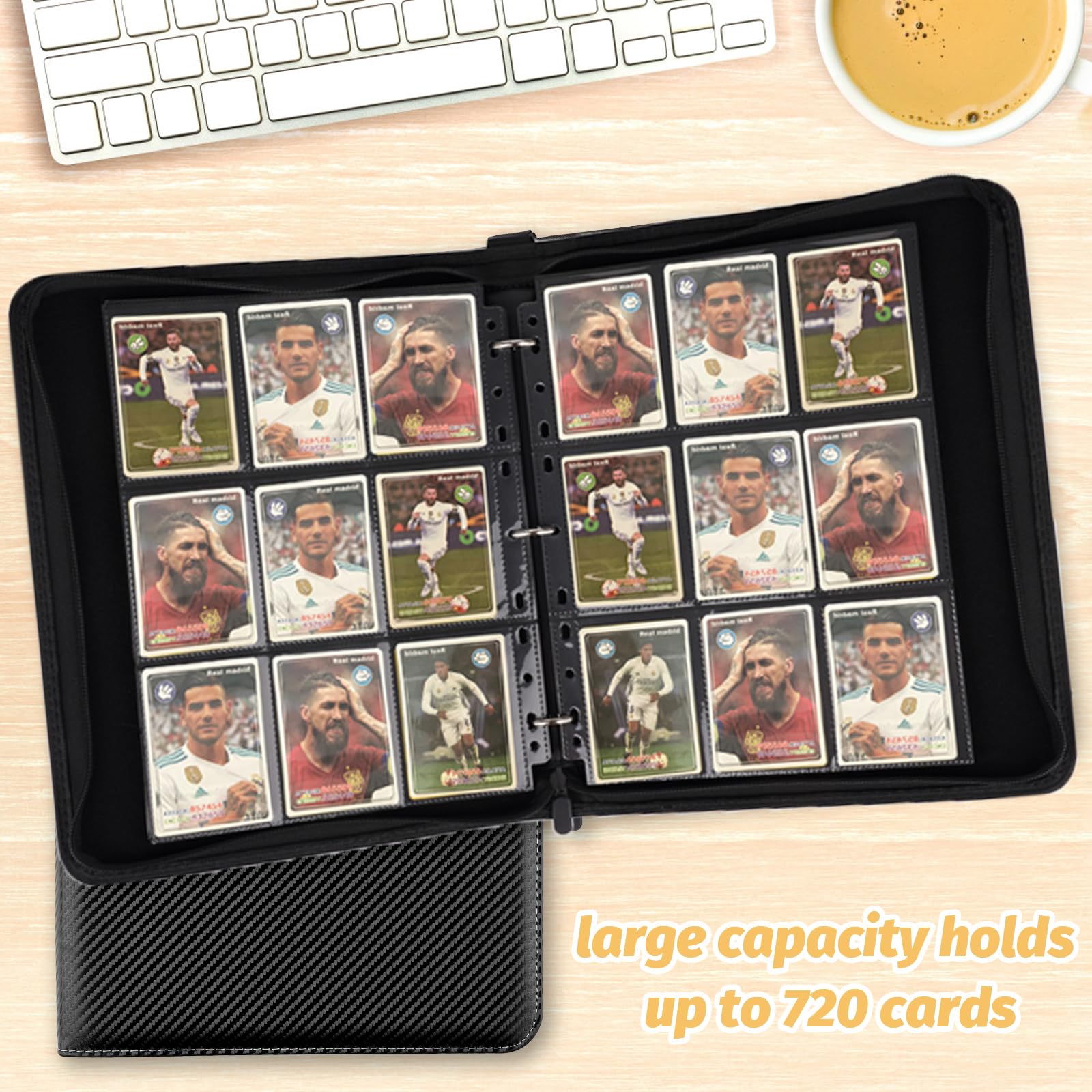 GERMUN 9-Pocket Card Binder – Holds 720 Cards, PU Leather, Zipper Closure, Black