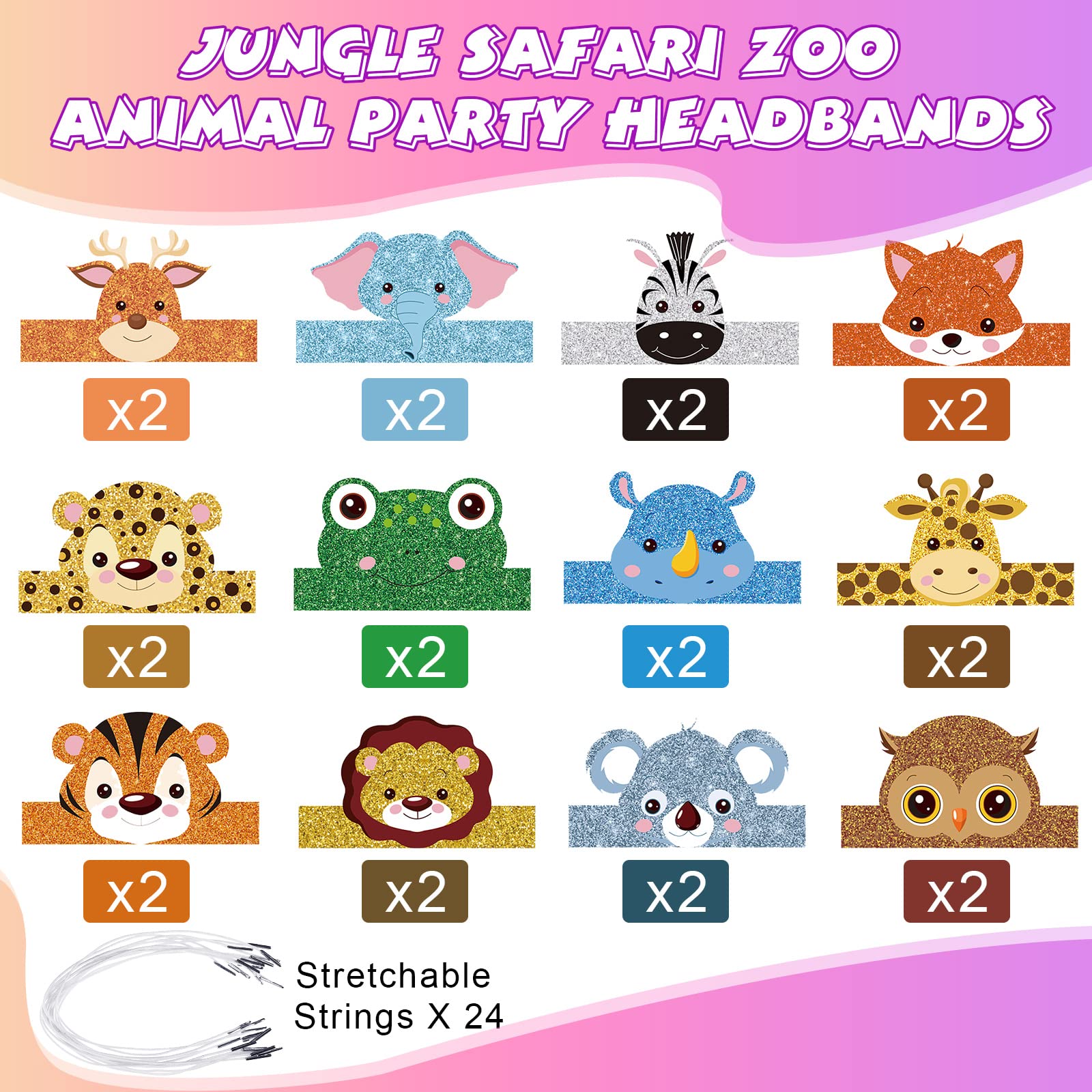Gersoniel 24-Pack Jungle Animal Party Hats with Matching Ropes – Birthday Crowns for Kids