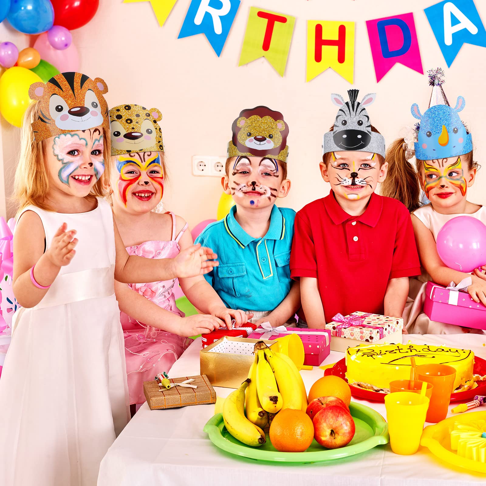Gersoniel 24-Pack Jungle Animal Party Hats with Matching Ropes – Birthday Crowns for Kids
