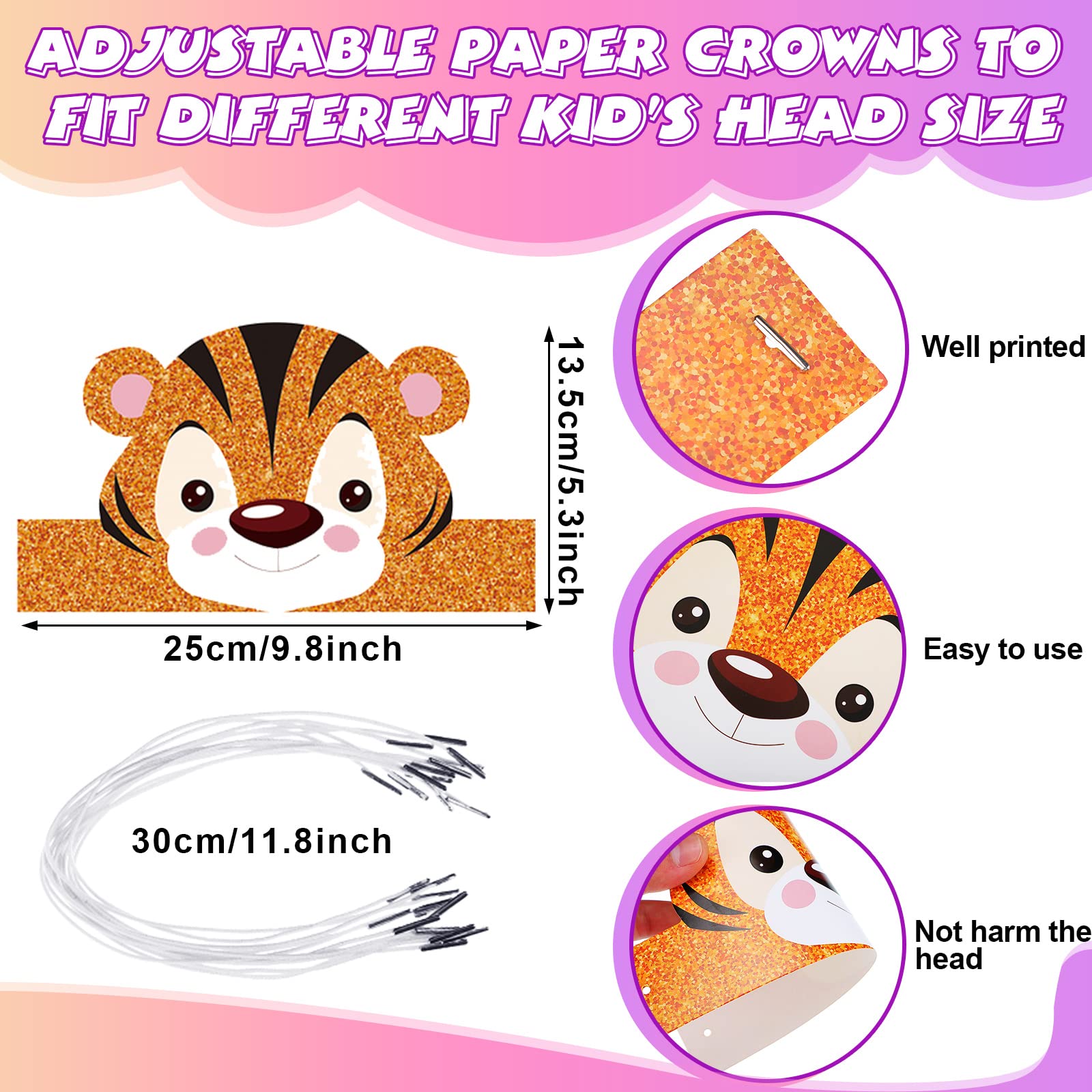 Gersoniel 24-Pack Jungle Animal Party Hats with Matching Ropes – Birthday Crowns for Kids