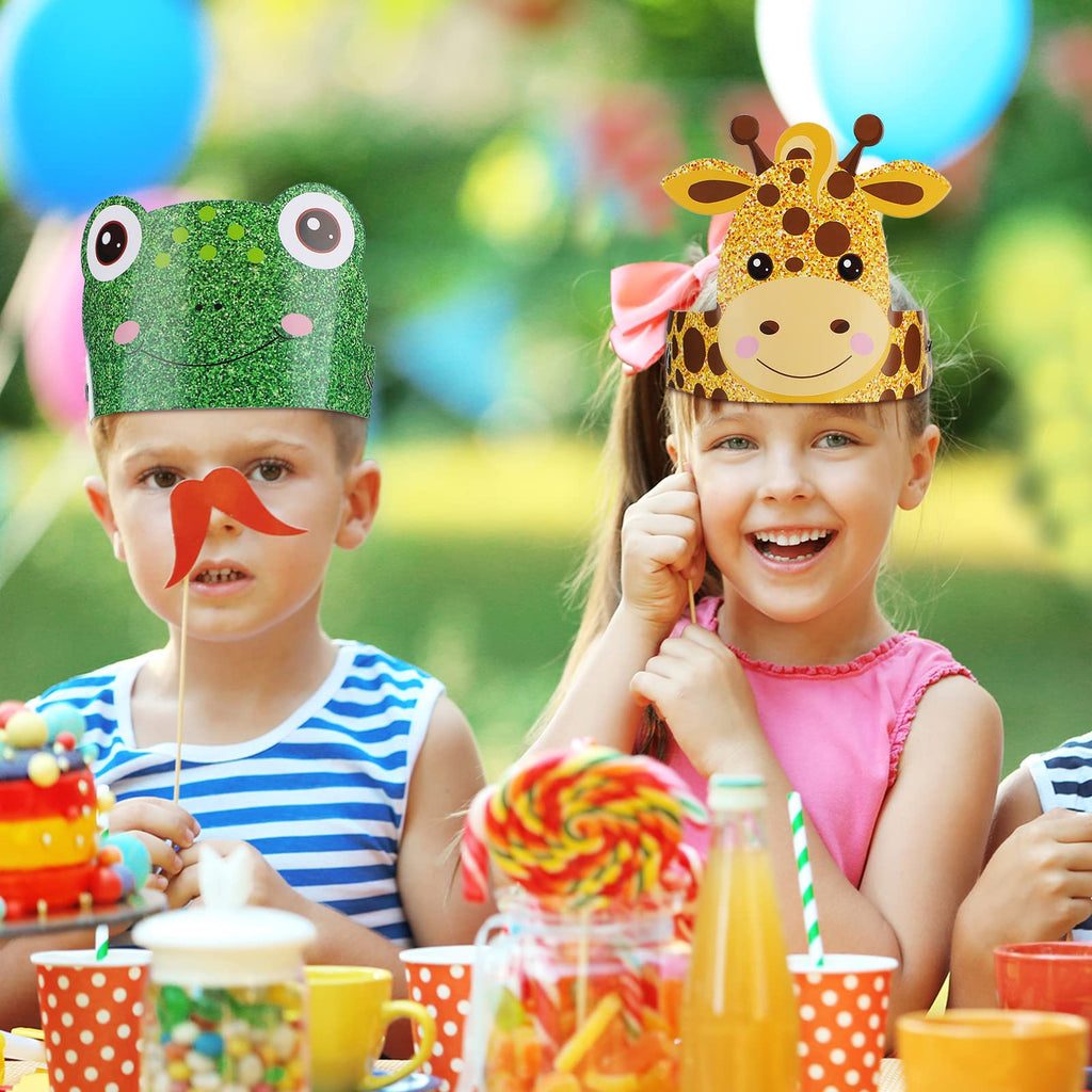 Gersoniel 24-Pack Jungle Animal Party Hats with Matching Ropes – Birthday Crowns for Kids