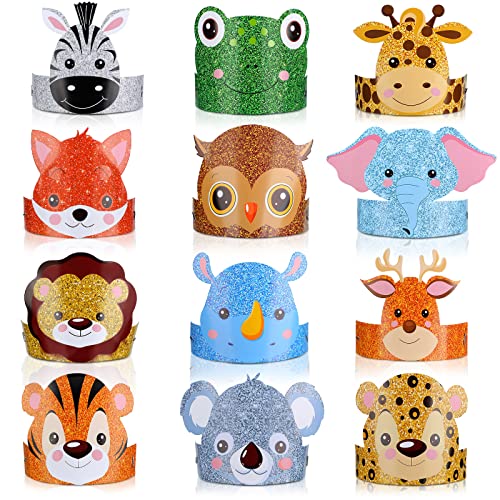 Gersoniel 24-Pack Jungle Animal Party Hats with Matching Ropes – Birthday Crowns for Kids
