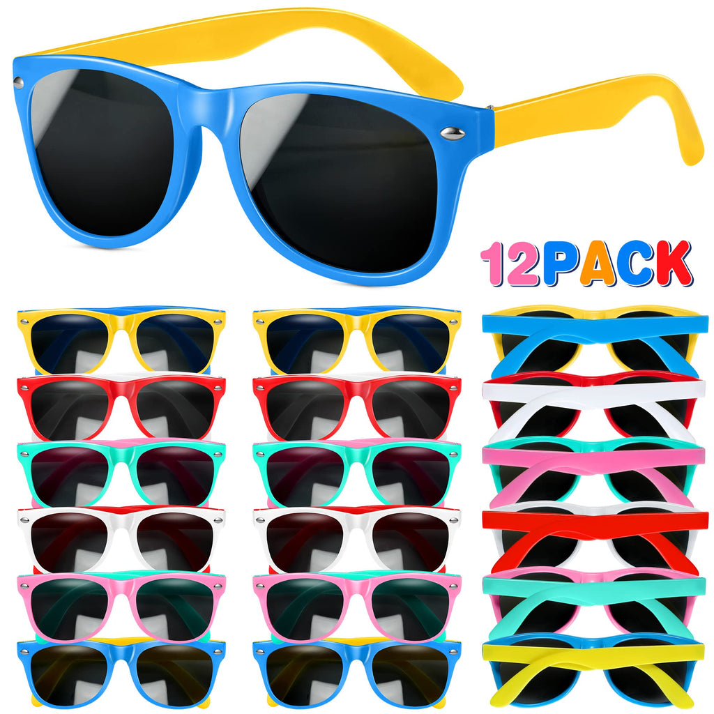 GIFTINBOX 12-Pack Kids Sunglasses Bulk with UV400 Protection, Polarized Lenses – Neon Retro Horn-Rimmed for Ages 3-8