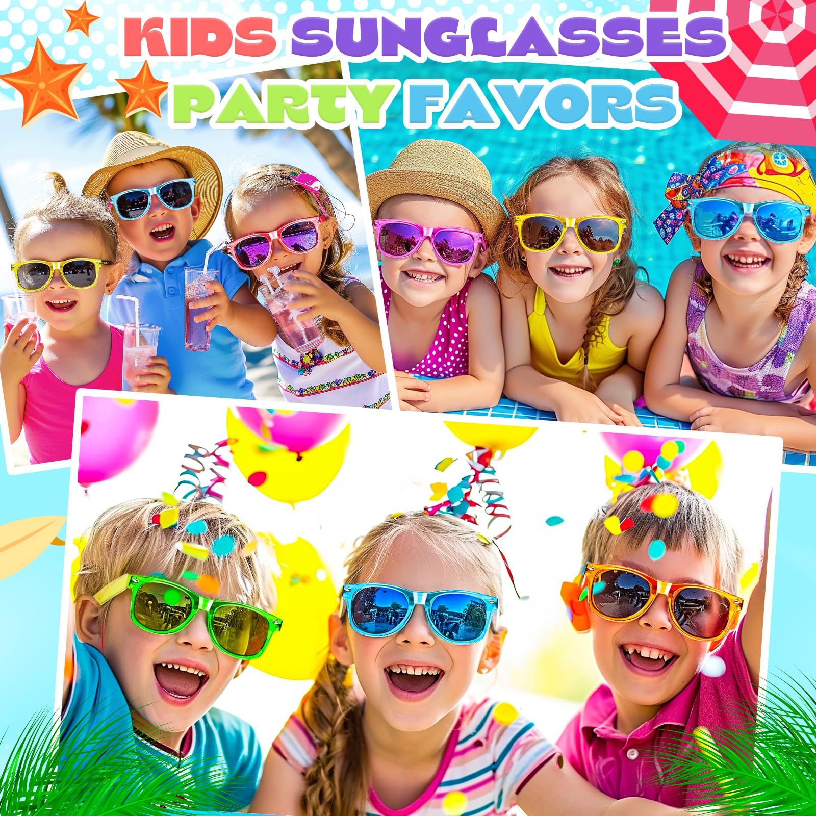 GIFTINBOX 16 Pack Kids Neon Sunglasses Bulk Party Favors - UV 400 Protection for Ages 3-8