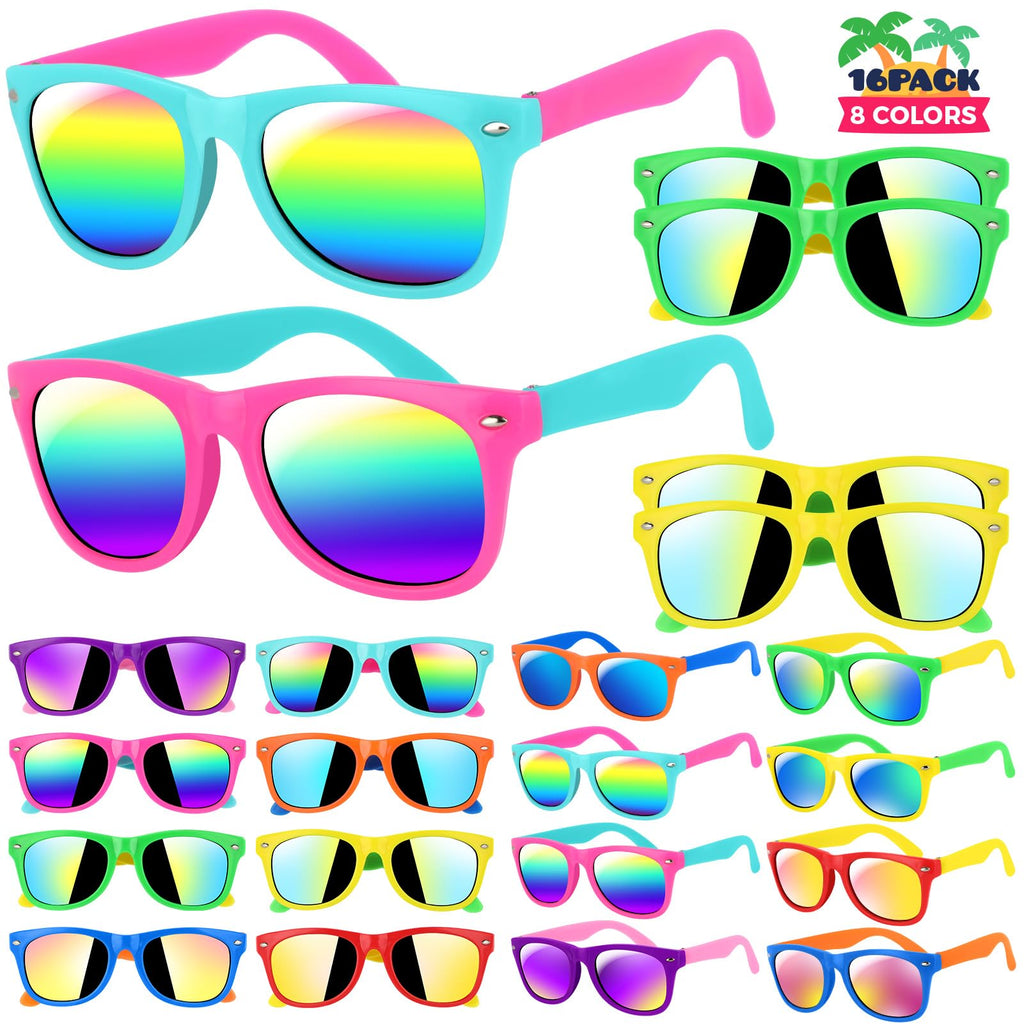 GIFTINBOX 16 Pack Neon Kids Sunglasses Bulk with UV400 Protection for Ages 3-8, Party Favors & Goodie Bag Stuffers