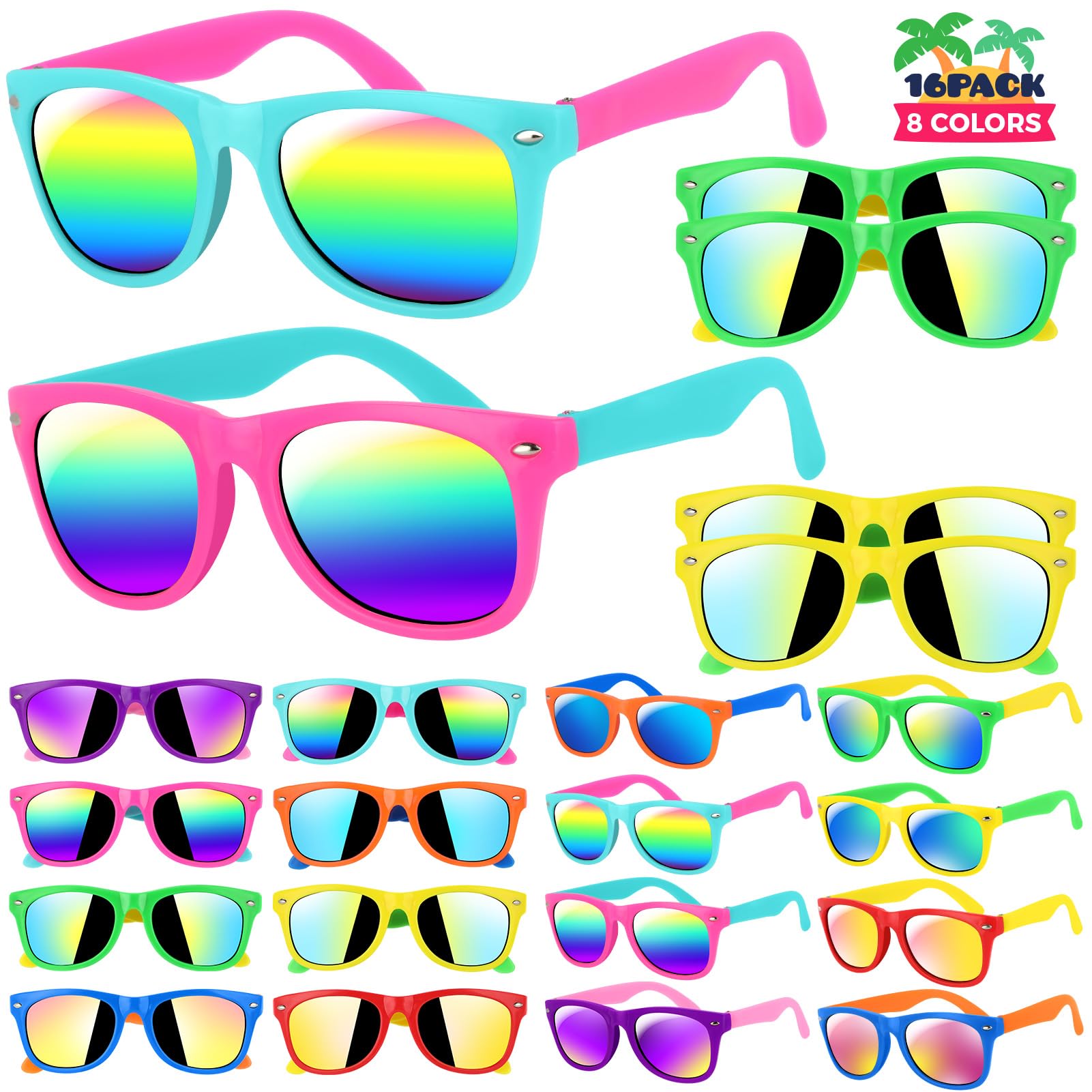 GIFTINBOX 16 Pack Neon Kids Sunglasses Bulk with UV400 Protection for Ages 3-8, Party Favors & Goodie Bag Stuffers