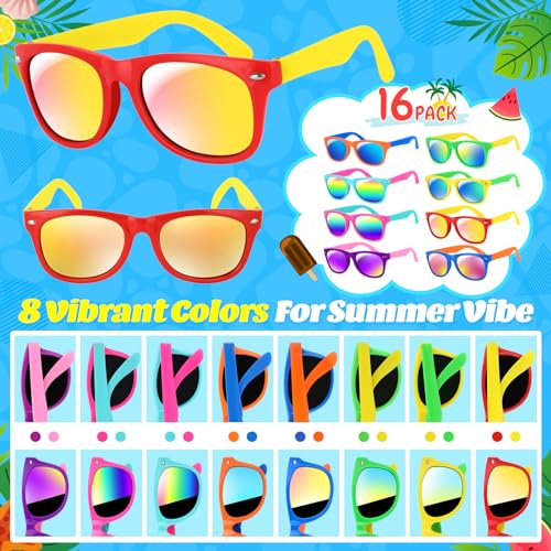 GIFTINBOX 16 Pack Neon Kids Sunglasses Bulk with UV400 Protection for Ages 3-8, Party Favors & Goodie Bag Stuffers