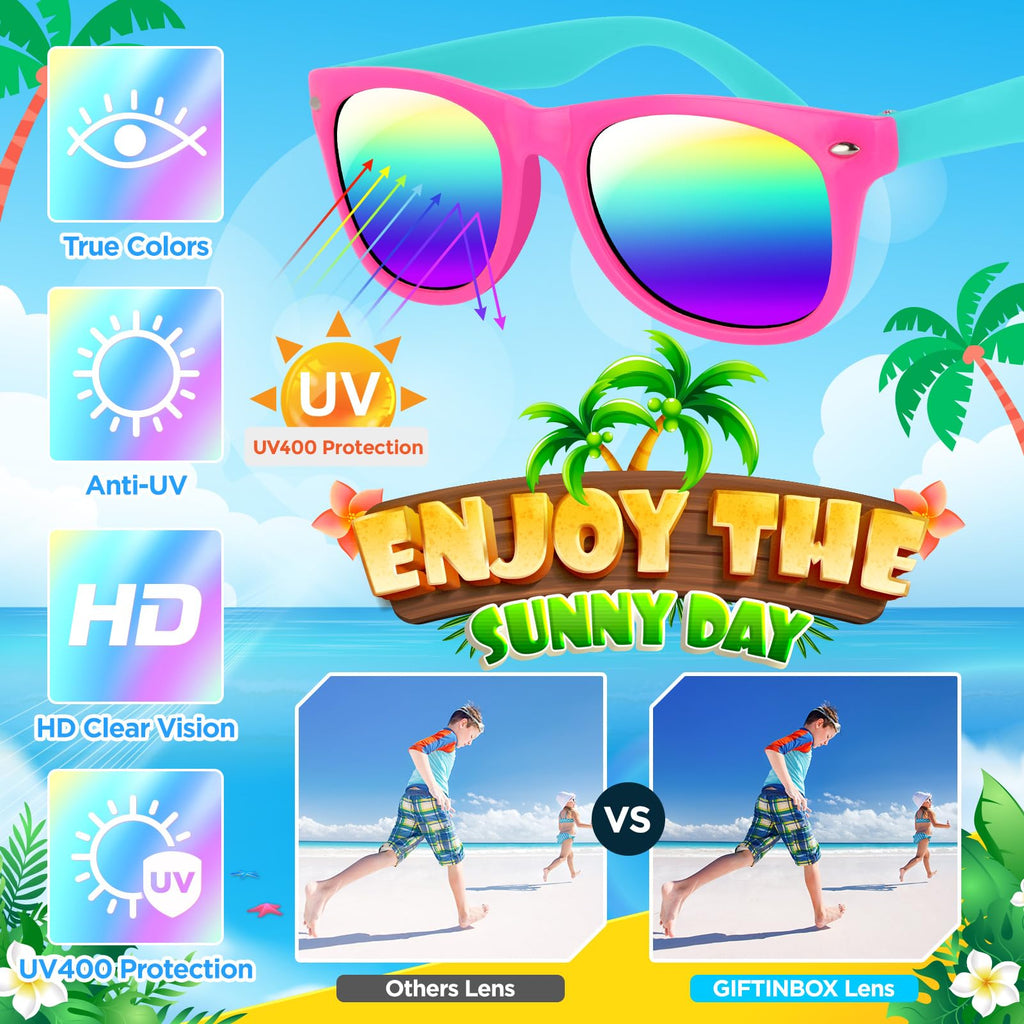 GIFTINBOX 16 Pack Neon Kids Sunglasses Bulk with UV400 Protection for Ages 3-8, Party Favors & Goodie Bag Stuffers