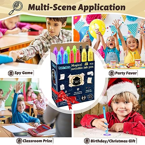 GIFTINBOX Invisible Ink Pens with UV Light – 12 Pack Spy Pens & Notebooks for Kids Secret Messages & Party Favors