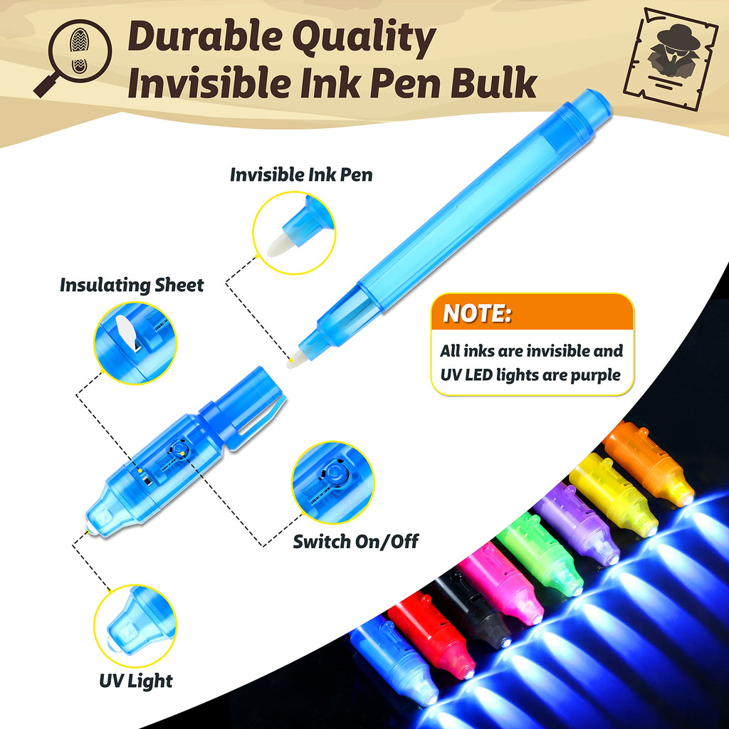 GIFTINBOX Invisible Ink Pens with UV Light – 12 Pack Spy Pens & Notebooks for Kids Secret Messages & Party Favors