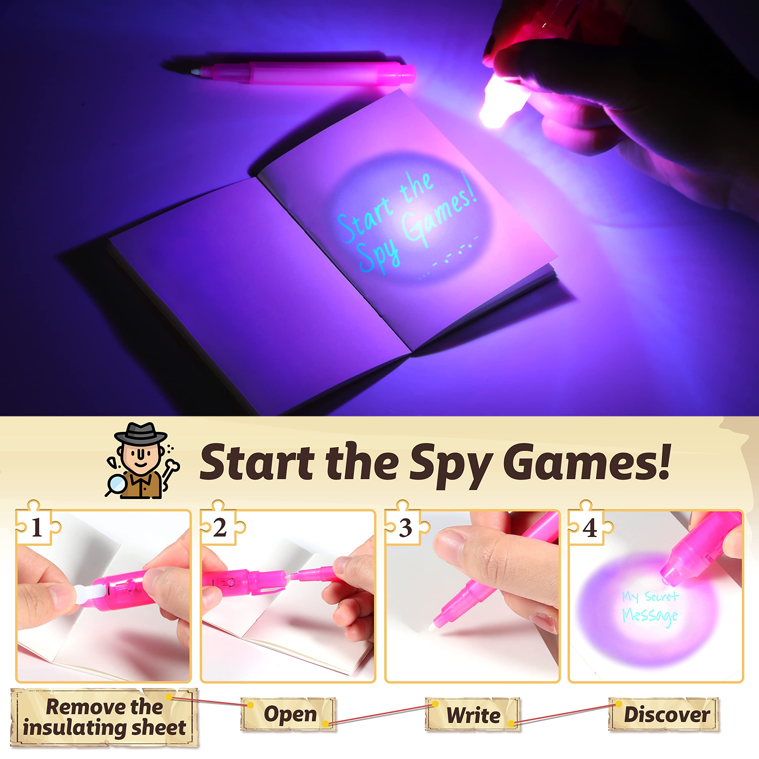 GIFTINBOX Invisible Ink Pens with UV Light – 12 Pack Spy Pens & Notebooks for Kids Secret Messages & Party Favors