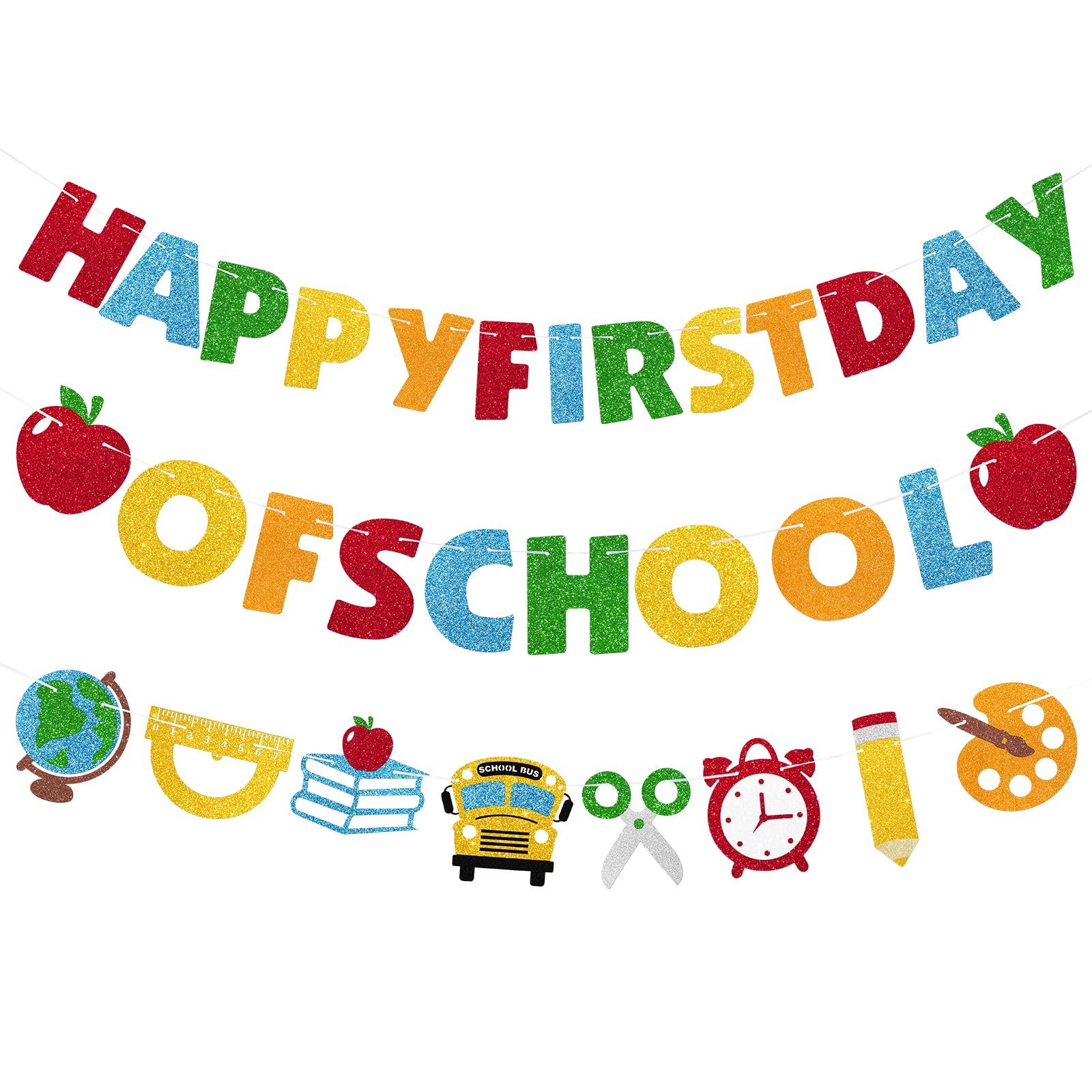 GiftPeak Happy First Day of School Banner Set - 3 Pre-Strung Multicolor Paper Banners for Back to School Party Decorations
