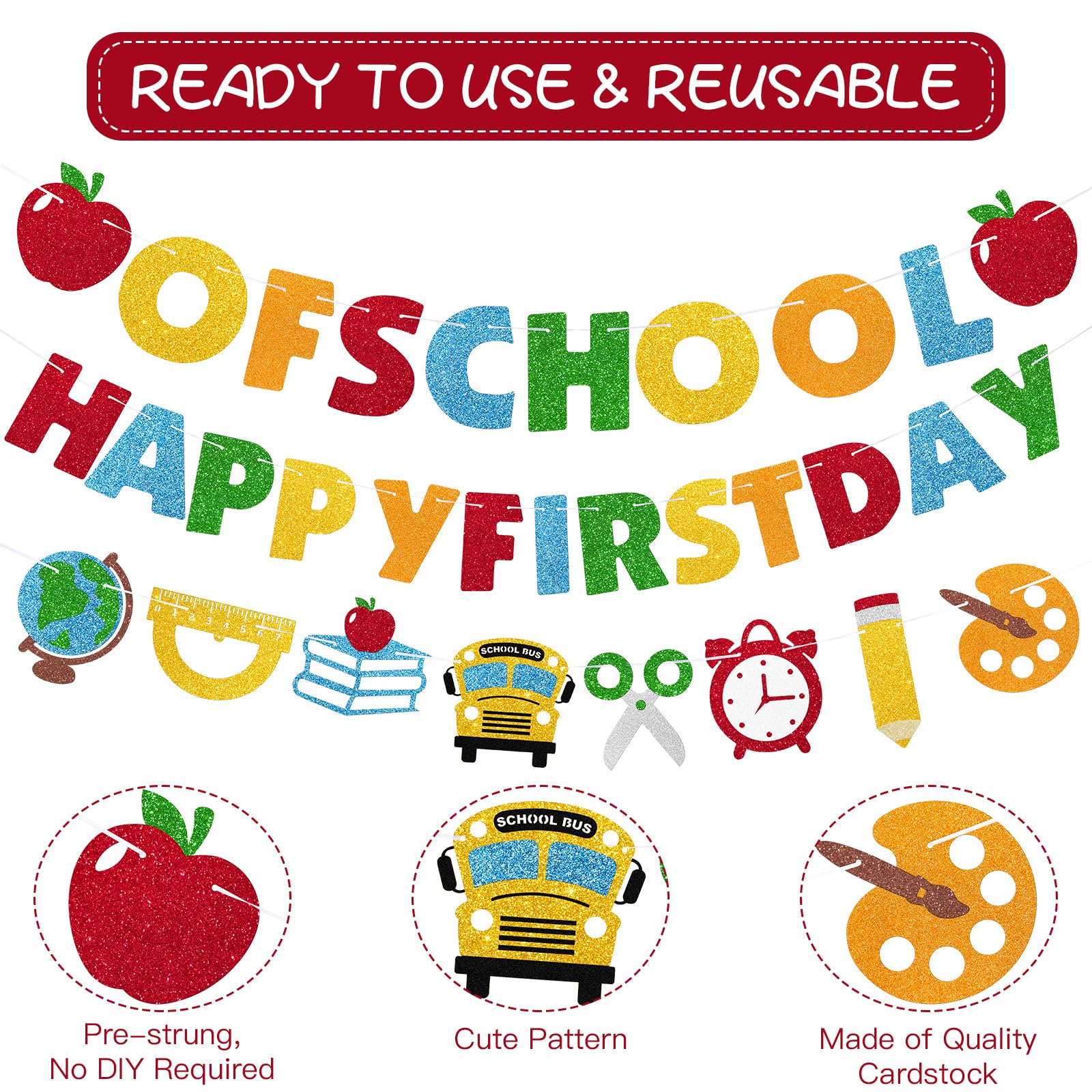 GiftPeak Happy First Day of School Banner Set - 3 Pre-Strung Multicolor Paper Banners for Back to School Party Decorations
