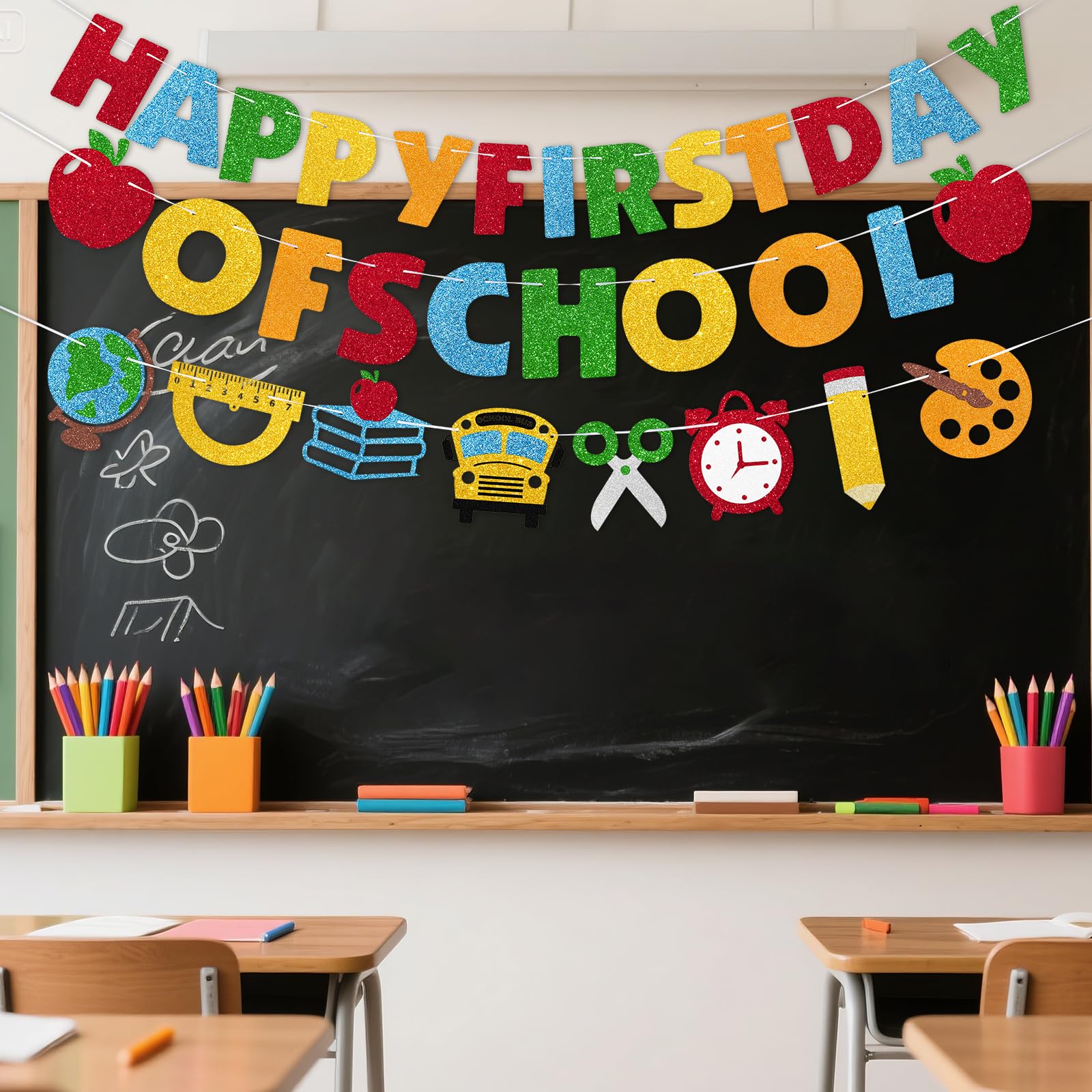 GiftPeak Happy First Day of School Banner Set - 3 Pre-Strung Multicolor Paper Banners for Back to School Party Decorations