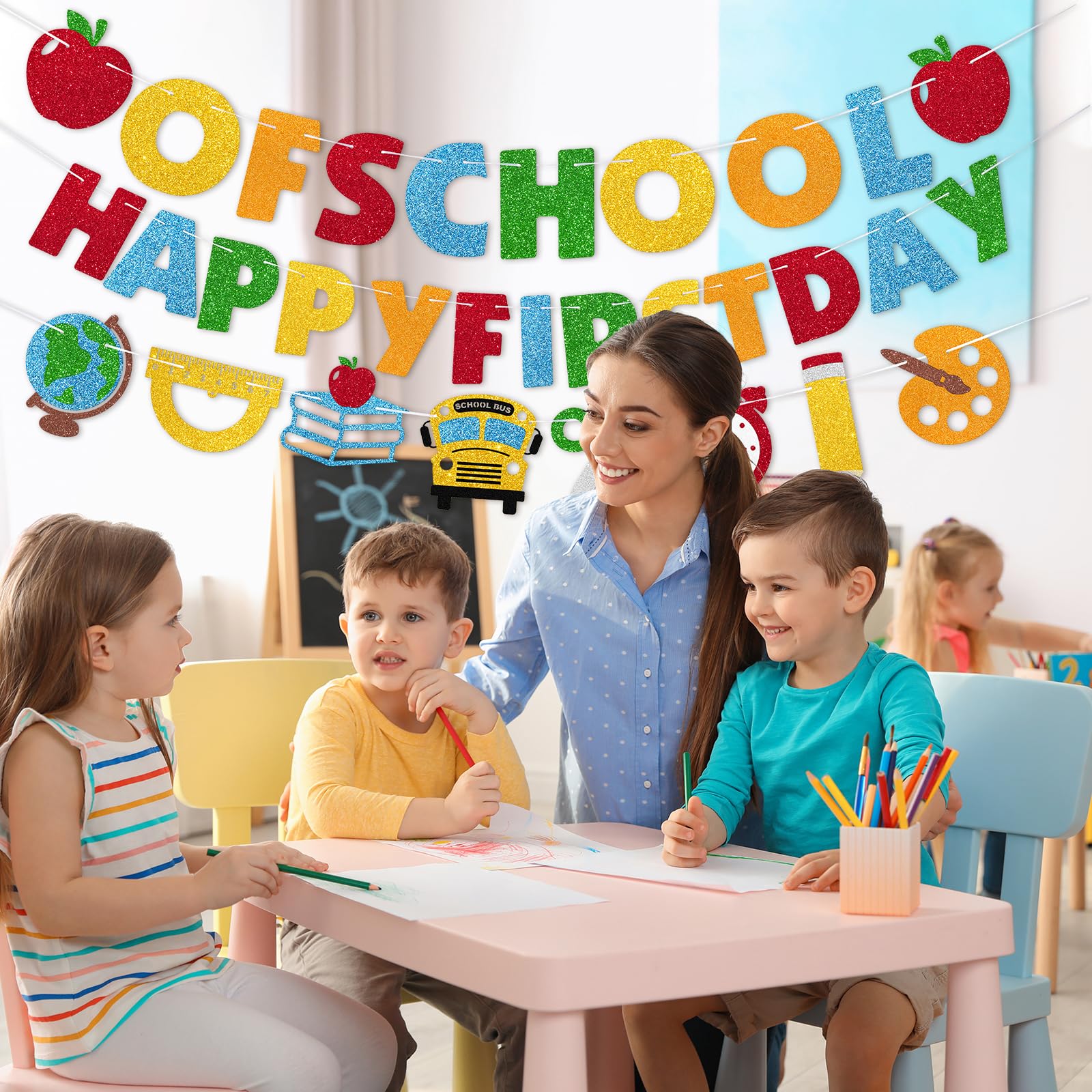 GiftPeak Happy First Day of School Banner Set - 3 Pre-Strung Multicolor Paper Banners for Back to School Party Decorations