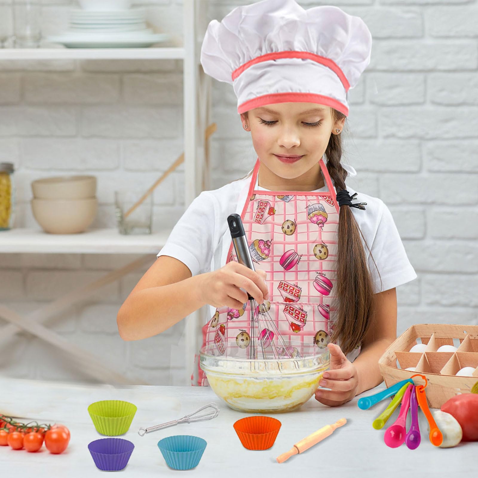 GIFTRRTOY Real Kids Cooking and Baking Set - 24 Piece Chef Role Play Kit with Apron, Hat, Utensils, Cupcake Molds for Toddlers Ages 3+