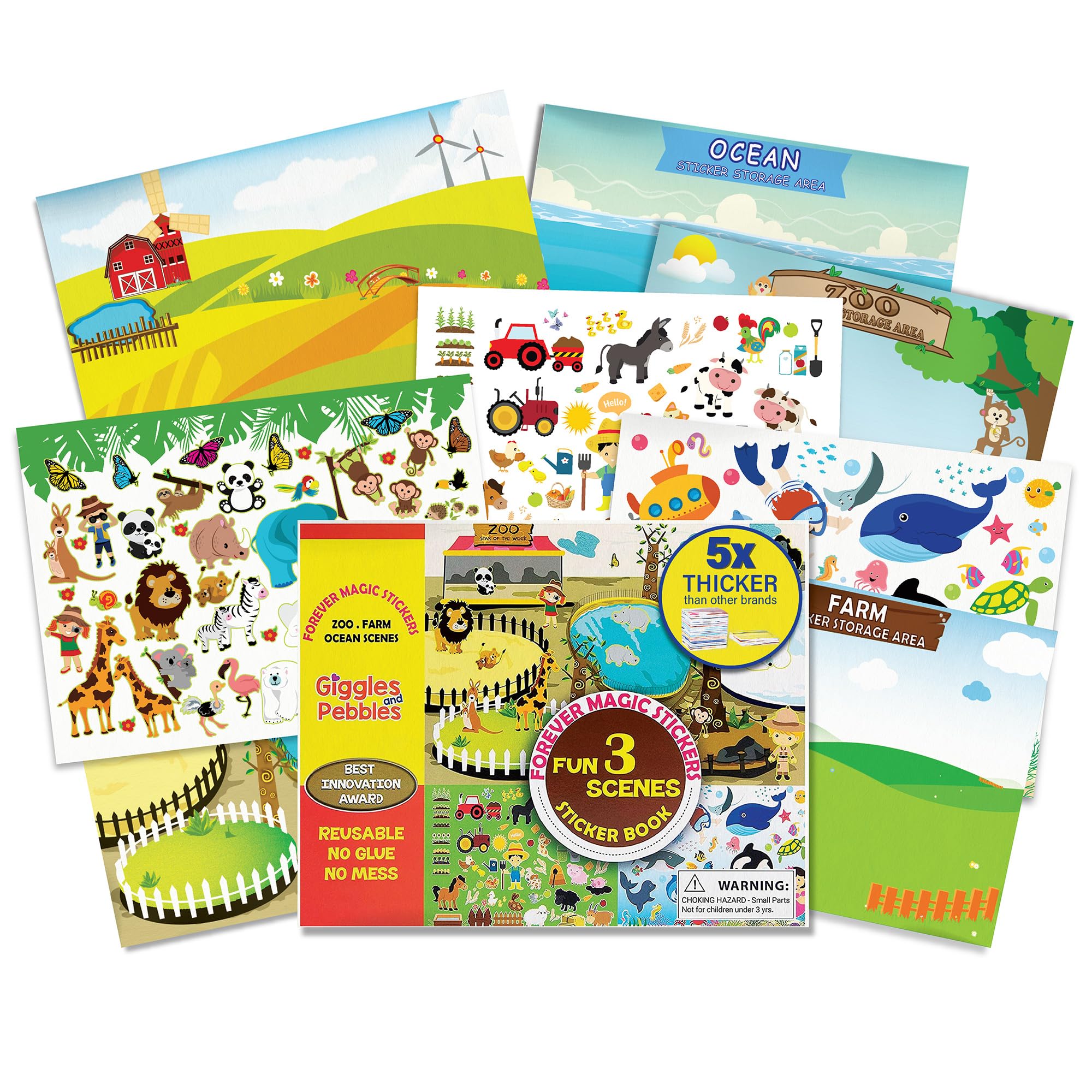 Giggles and Pebbles Magic Sticker Pad Book – Reusable, Washable, 170+ Stickers for Kids Ages 3+