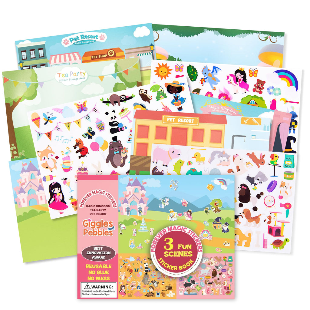Giggles & Pebbles Magic Sticker Pad Book – 170 Reusable, Washable, Non-Adhesive Stickers for Kids (Magic Kingdom, Tea Party & Pet Resort)