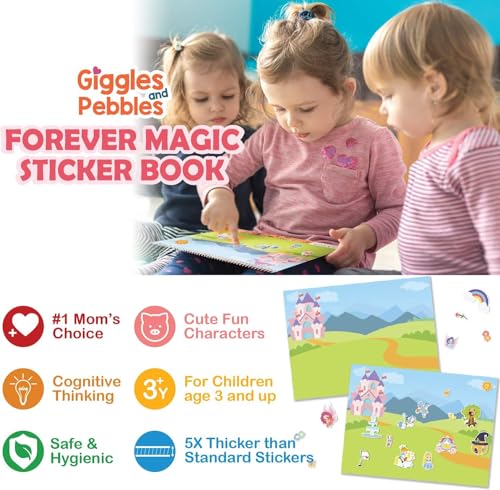 Giggles & Pebbles Magic Sticker Pad Book – 170 Reusable, Washable, Non-Adhesive Stickers for Kids (Magic Kingdom, Tea Party & Pet Resort)