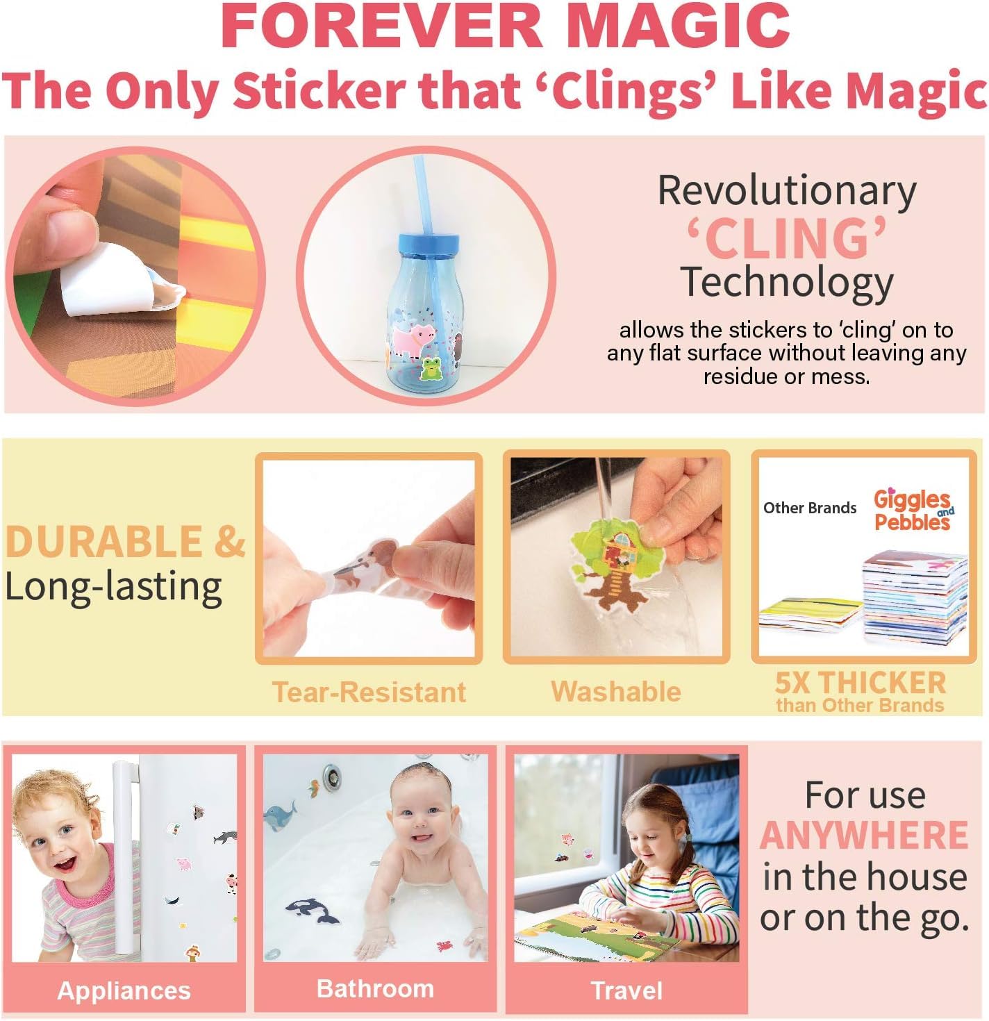 Giggles & Pebbles Magic Sticker Pad Book – 170 Reusable, Washable, Non-Adhesive Stickers for Kids (Magic Kingdom, Tea Party & Pet Resort)