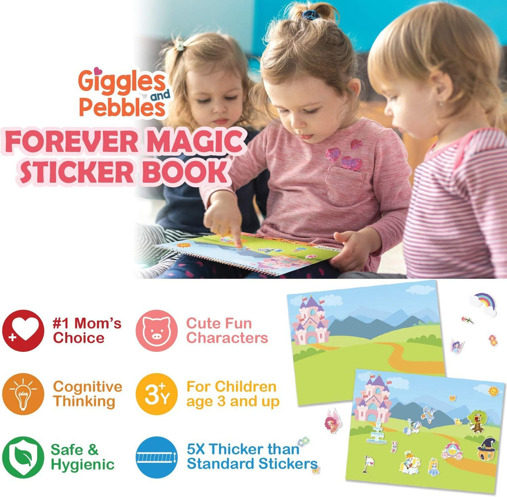 Giggles & Pebbles Magic Sticker Pad Book – 170 Reusable, Washable, Non-Adhesive Stickers for Kids (Magic Kingdom, Tea Party & Pet Resort)